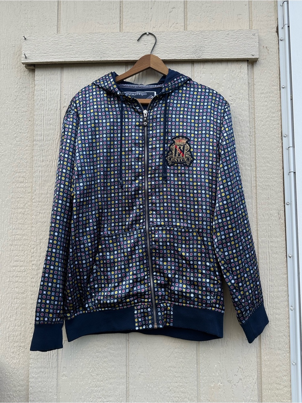 ENYCE Y2K 90's Style Mens Full Zip Silky Printed Hoodie Size Medium Geometric